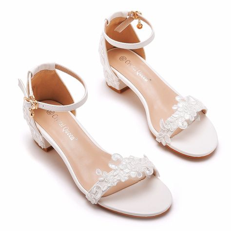 Details: Style: elegant Embellishment: Lace Heels Type: Stiletto Heel height: 4.5cm/7.5cm/9.5cm Closure Type: one-strap buckle Toe: Open Toe Upper Material: PU Leather Sole Material: Rubber Lining Material: PU Leather Spring Wedding Shoes With 4-inch Heel And Ankle Strap, White Ankle Strap Wedding Shoes With 4-inch Heel, White T-strap Open Heel Sandals For Spring, White Open Heel Lace-up Sandals With Heel Strap, White Open Heel Wedding Shoes With 4-inch Heel, Elegant High Heels, Lace Heels, Strap Pumps, White Pumps