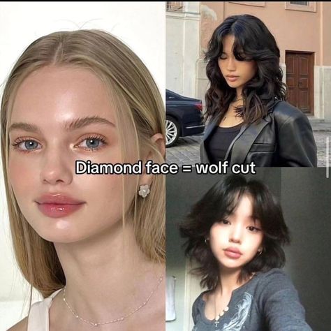 haircut, face shapes, oval face, round face, diamond face, heart face, square face, wispy bangs, wolf cut, long layers, hush cut, long hair, hair for every face shape Aesthetic Haircuts Round Face, Heart Face Haircuts Long, Diamond Hairstyles Face Shapes, Haircut Ideas For Diamond Shaped Face, Square Face Haircut Bangs, Haircut For Round Oval Face, Short Haircuts For Diamond Face Shape, Best Bangs For Diamond Face Shape, Hair Cuts For Diamond Faces