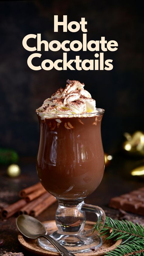 One of the greatest pleasures of the holiday season is indulging in a yummy, boozy beverage. The best festive cocktails incorporate popular seasonal flavors and give the drinker a warm, cozy feeling. For the ultimate winter treat, try making a cocktail with hot chocolate.  Hot chocolate cocktails are sweet and decadent. Depending on the recipe, hot chocolate cocktails can work well for a family-friendly event or a night out with pals.  via @mybartender Hot Chocolate With Whiskey, Hot Chocolate Alcoholic Drinks Easy, Hot Chocolate Martini Recipe, Hot Chocolate Liquor Drinks, Booze Hot Chocolate, Hot Cocoa Martini, Luxury Hot Chocolate, Specialty Hot Chocolate, Hot Chocolate Drinks With Alcohol