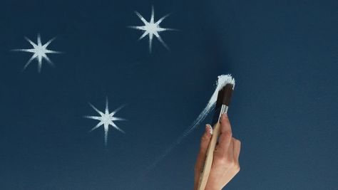 How To Paint Stars On Wall, Paint Stars On Wall, Paint Stars On Ceiling, Celestial Ceiling Diy, Stars Painted On Ceiling, Starry Ceiling Bedroom, Star Ceiling Diy, Tall Ceilings Bedroom, Night Sky Ceiling