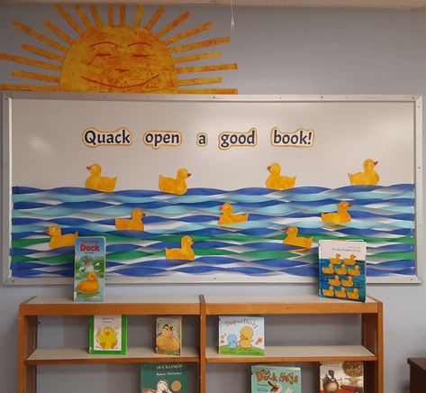 My favorite bulletin board yet!! Actually a recreation of "10 Little Rubber Duckies" on a whiteboard. Transforming my library with Eric Carle spring decorations this week! Quack Quack Welcome Back Bulletin Board, Duck Bulletin Board, Lucky Ducky Classroom, Eric Carle Bulletin Board Ideas, Duck Bulletin Board Ideas, Duck Themed Classroom, Classroom Duck Theme, Duckling Theme Classroom, Rubber Duck Bulletin Board