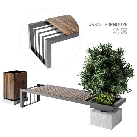 Urban Furniture, In 3d, Sun Lounger, Trash Can, Close Up, Bench, Nursery, Outdoor Furniture, Models