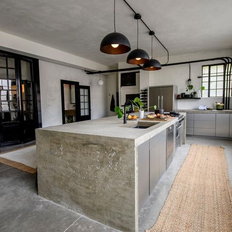 Concrete Kitchen Island Ideas, Restored By The Fords, Polished Concrete Kitchen, Cement Kitchen, Concrete Island, Concrete Kitchen Island, Concrete Outdoor Kitchen, Interior Design Kitchen Contemporary, White Concrete Countertops