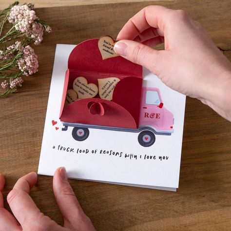 Delight your loved one with a truckload of love with our unique Valentine's Card—a cute and quirky keepsake that lets you express all the meaningful things you love most about them.The card features a charming truck design with the back of the truck formed by a paper envelope. Inside this envelope, wooden love hearts are neatly folded, each carrying a personalised message. You can personalise the hearts with up to 4 meaningful reasons, reminding your loved one why they mean so much to you. Valentines Day Cards Handmade Cute Ideas, Valentine Card Ideas Handmade, Unique Card Ideas, Cute Love Cards, Birthday Cards Unique, Valentines Day Cards Handmade, Meaningful Things, Loads Of Love, Diy Birthday Gifts For Friends