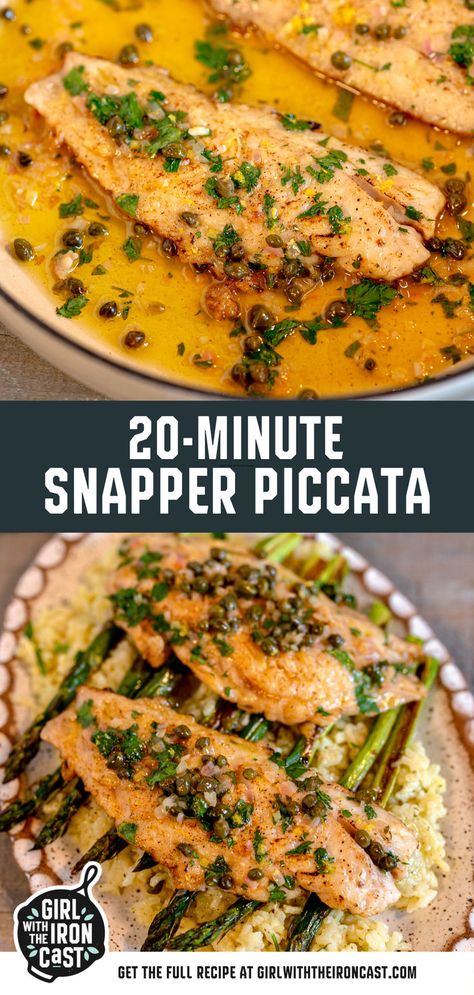 This snapper piccata comes together in under 20 minutes! Tender, flaky snapper—or any white flaky fish you prefer—is seared in a skillet and served with a tangy lemon butter caper sauce. The fish's rich, buttery sweetness pairs perfectly with the vibrant piccata sauce. Fish Piccata, Cast Iron Recipes Dinner, Butter Caper Sauce, Lemon Butter Caper Sauce, Easy Fish Dinners, Piccata Sauce, Taco Side Dishes, Snapper Recipes, Snapper Fish Recipes