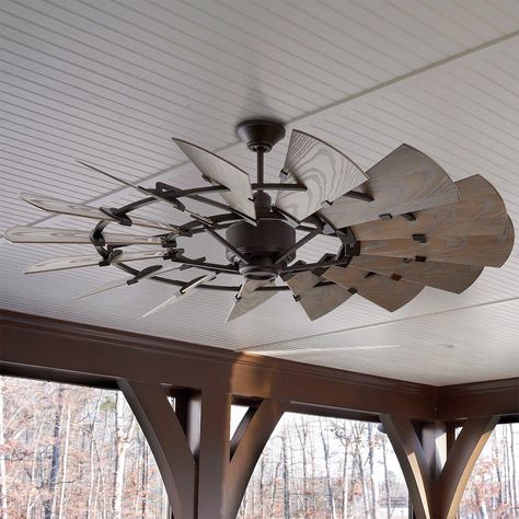 This stunning rustic ceiling fan utilizes fifteen dramatically tilted blades channeling the design of a windmill. ABS blades with a wood-look weathered oak finish add country chic charm to this striking design. Outdoor Porch Ceiling Fan, Windmill Ceiling Fans, Barn Ceiling Ideas, Rustic Staircase Farmhouse Style, Rustic Country Kitchens Farmhouse Style, Rustic Shower Ideas Bathroom, Country Rustic Kitchen Ideas, Western House Exterior, Farmhouse Ceiling Ideas