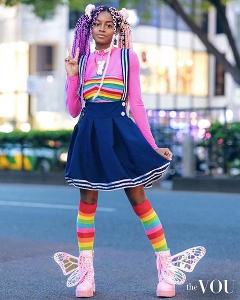 Rainbow Socks Outfit, Rainbow Goth Aesthetic, Rainbow Platforms, Egirl Outfit Ideas, Harajuku Decora Kei, Jester Oc, Yumekawaii Fashion, Femboy Outfit, Rainbow Goth