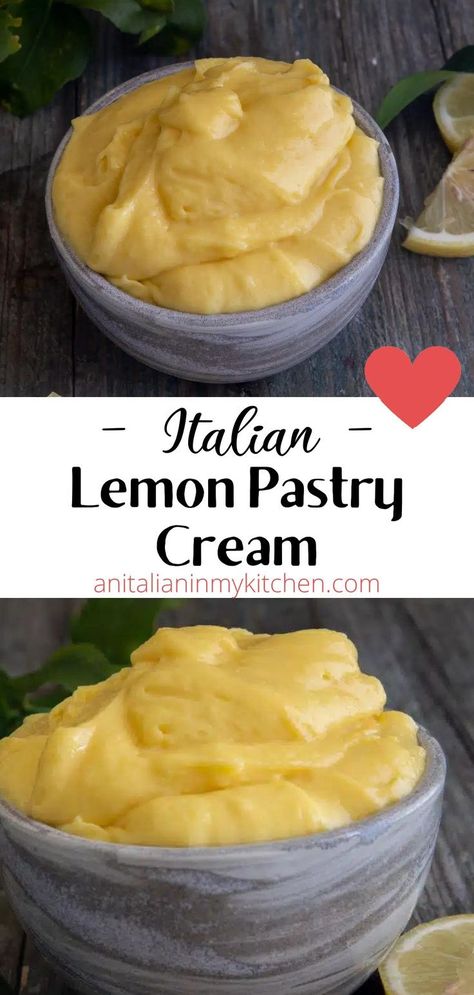 Smooth and creamy Italian lemon pastry cream is made with egg yolks, milk, sugar and flour and flavored with lemon. Rich and thick, crema pasticcera is used in many Italian desserts from cakes, to doughnuts, to tarts! Sweet and velvety Italian lemon pastry cream is incredible! Called crema pasticcera in Italy or crème pâtissière in French, it is an essential filling in many Italian desserts including bombolini (Italian doughnuts) and this lemon cake. Lemon Pastry Cream, Italian Pastry Cream, Lemon Pastry, Lemon Cake Filling, Italian Custard, Cream Filling Recipe, Lemon Cream Cake, Pastry Cream Recipe, Pastry Cream Filling