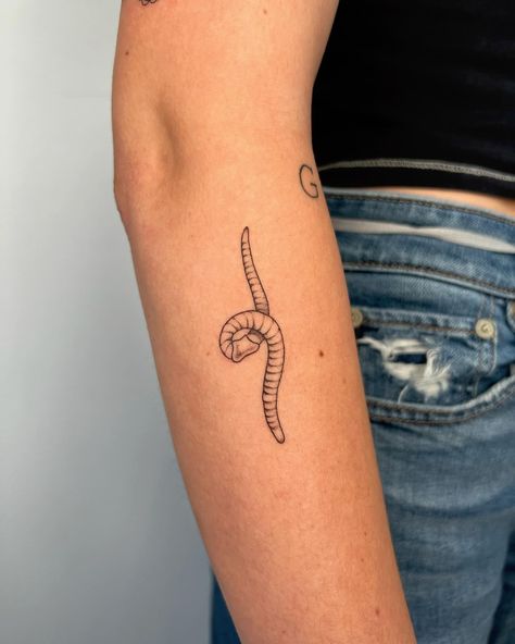 woim 🔖 worm tattoo, fineline tattoo, #idahofallstattoo #pocatellotattoo #rexburgtattoo #twinfallstattoo #boisetattoo Worm Tattoo Ideas, Earth Worm Tattoo, Earthworm Tattoo, Paperclip Tattoo, Bsf Tattoos, Worm Tattoo, Ankle Tats, Ink Poisoning, Fineline Tattoos