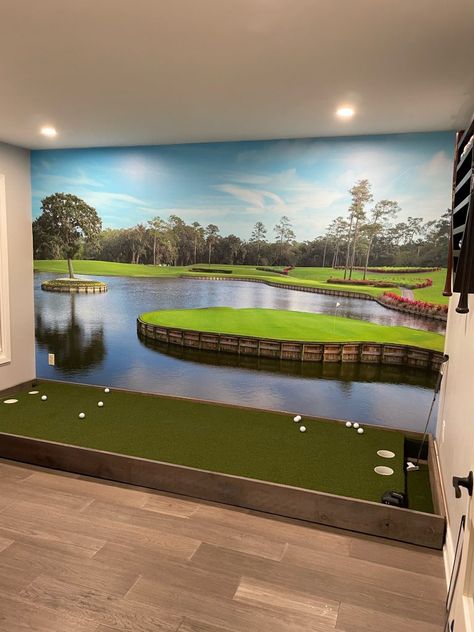 Racing Man Cave Ideas, Golf Course Wall Mural, Golf Themed Basement, Golf Inspired Bedroom, Golf Room Decor Interior Design, Golf Clubhouse Decor, Golf Mural Wall, Man Cave Mural, Golf Backdrops