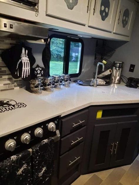 Black And White Goth Kitchen, Gothic Van Life, Small Goth Kitchen, Goth Trailer Home, Gothic Rv Decor, Gothic Camper Interior, Goth Mobile Home, Goth Farmhouse Kitchen, Goth Rv Interior