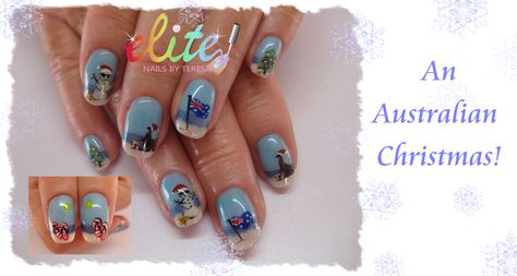 Australian Christmas Nails Beach Kangaroo Aussie Flag Christmas Tree on beach Beach Ball Santa Hat Thongs Flip Flops Aussie Flag, Elite Nails, Nails Beach, Australian Christmas, Beach Ball, On Beach, Santa Hat, Christmas Nails, Nails Inspiration