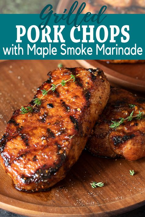 Two pork chops on a wooden plate. Pork Chop Marinade For Grill, Maple Marinade, Maple Pork Chops, Maple Glazed Pork Chops, Glazed Pork Chops Recipes, Perfect Pork Chops, Autumn Foods, Pork Chop Marinade, Mustard Pork Chops