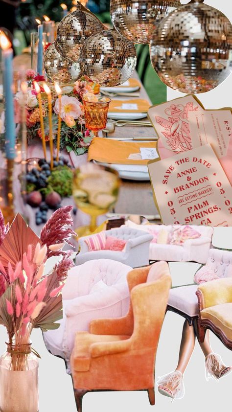 Eclectic Disco Wedding, Eclectic Wedding Ceremony Decor, Dopamine Decor Wedding, Funky Wedding Color Palette, Electric Wedding Theme, Funky Engagement Party, Funky Wedding Table Decor, Colorful Retro Themed Wedding, Wedding Maximalism