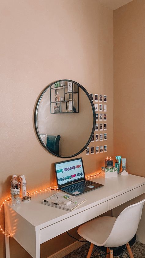 Desk Setup With Mirror, Desk With Big Mirror, Mirror Above Desk Bedroom, Desk With Mirror On Wall, Mirror On Desk, Mirror Above Desk, Desk Tour, Beige Room, Small Room Design Bedroom