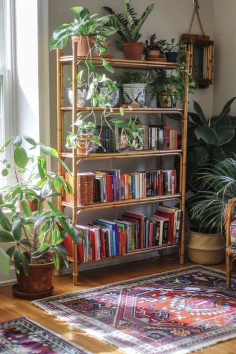 Boho Bookshelf Styling, Bohemian Bookshelf, Boho Bookshelf Decor, Southern House Decor, Plant Bookshelf, Eclectic Bookshelf, Living Room Bookshelf Decor, Mobile Bookstore, Minimalist Boho Living Room