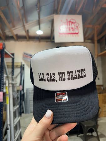 All Gas, No Brakes Trucker Hat Graphic Trucker Hat, Diy Trucker Hat Ideas, Bar Sayings, Funny Trucker Hat, White Trucker Hat, Goyard Tote, Hat Bar, Patch Hats, Custom Trucker Hats