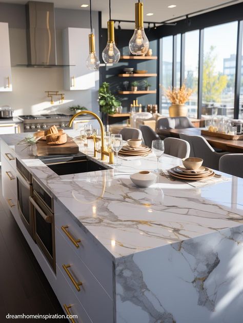 10 Tips to Transform Your Kitchen: Add A Touch of Sophistication White Gold Marble Kitchen, Glam Kitchen, Clutter Free Kitchen, Modern Luxury Kitchen, Arch Trellis, Countertop Ideas, Countertop Decor, Furniture Bathroom, Dream Kitchens Design