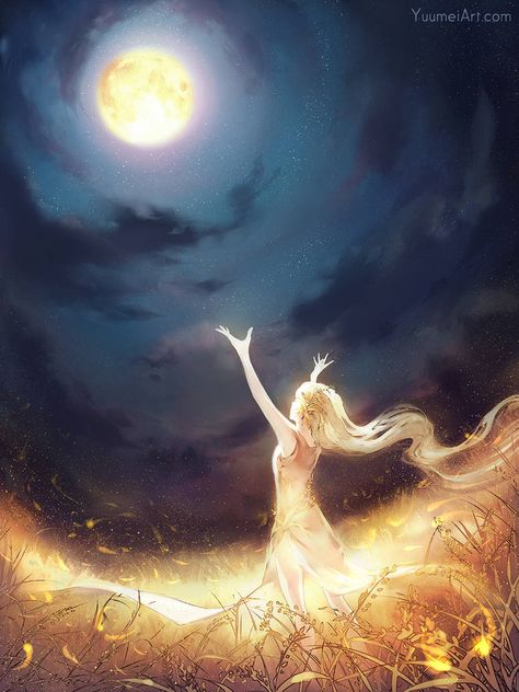 Moon Catcher by yuumei on DeviantArt Yuumei Art, Anime Body, Seni Cat Air, Arte Fantasy, 판타지 아트, Alam Semula Jadi, Moon Art, The Grass, Anime Scenery