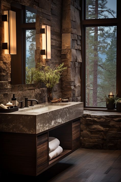 Modern Cabinet Kitchen, Mountain Bathroom, Lodge Bathroom, Bathroom Unique, Washbasin Cabinet, Mountain Home Interiors, Forest Homes, Mountain Dream Homes, Mountain Interiors