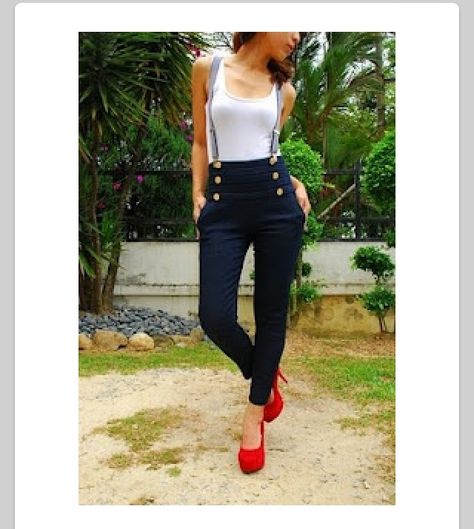 White tank top, black high waisted nautical skinny jeans with grey suspenders, red heels How To Wear Suspenders, Outfits With Suspenders, Wonder Wardrobe, Suspenders Outfit, Girls In Suspenders, Rockabilly Outfits, Suspenders For Women, Lady Fashion, High Waist Fashion