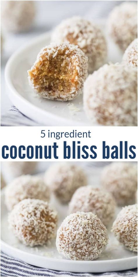 Easy 5 ingredient No-Bake Coconut Bliss Balls made with raw nuts, coconut and dates. Each bite has a boost of protein with sweet, nutty goodness sprinkled throughout. Perfect for breakfast, dessert or a workout snack -and super easy to meal prep! #proteinballs #energybites #energyballs #proteinbites #coconutballs #workoutsnack Raw Date Balls, Coconut Dates Balls, What To Do With Raw Coconut, Coconut Oil Protein Balls, Almond Bliss Balls, Whole 30 Date Balls, Easy Bliss Balls, Date Bliss Balls, Dates Recipes Vegan