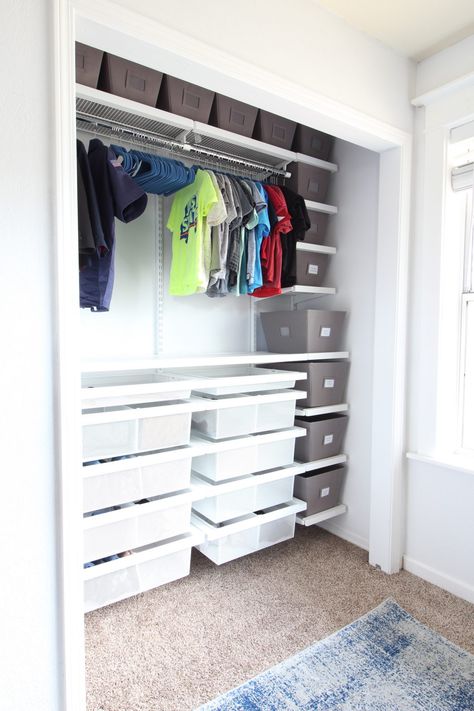 Our closet makeovers with The Container Store and HGTV Magazine - Container Store Closets, Dresser Inside Closet, Closet With Dresser Inside, Closet Organization Apartment, Boys Closet Organization, Wallpapered Closet, Container Store Closet, Kids Closet Storage, Closet Makeovers