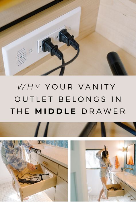 Where's the best place to install your vanity drawer outlet? It's not what you might think... #bathroomgoals #hairstylingstation #bathroonrenovation #bathroomreno #stylingstation #vanity #masterbath #bathroomorganization #slaystation Bathroom Vanity Hidden Outlet, Bathroom Appliance Garage, Bathroom Drawer Inserts, Plug In Vanity Drawer, Outlets In Bathroom Drawer, Bathroom Vanity Outlet Placement, Hidden Bathroom Outlets, Outlet In Closet, Bathroom Vanity Outlets