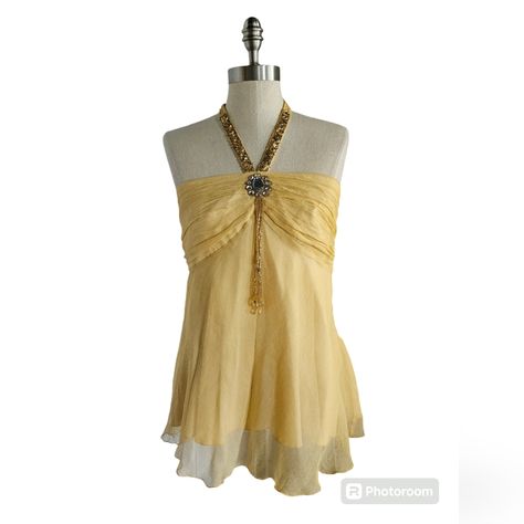 Nwt Spenser Jeremy Yellow Chiffon Jeweled Halter | Sz Large - Gorgeous! This Top Is So Elegant! A Ruched Bandeau Top With A Center Jewel Embellished With Hanging Beaded Pendants; Sequins Halter Top Adjustable With A Double Button Closure; Flowy Chiffon Fully Lined. Condition Is New With Tags - Never Worn, No Damage Measures: Pit To Pit: 16.5" Length; 17.5" Strap Drop: 10.5 (At First Button) 70s Flowy Top, Cute Yellow Outfits, Flowy Tops Outfit, Yellow Corset Top, Flowy Halter Top, Prom Dress Yellow, Yellow Corset, Yellow Halter Top, Sequin Halter Top