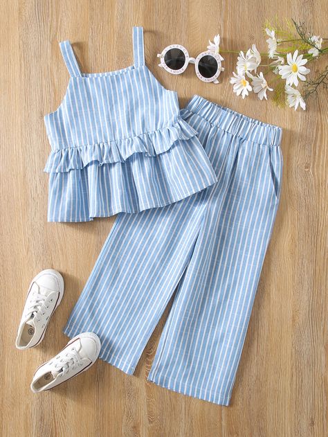 Blue and White Cute  Sleeveless Cotton Striped  Embellished Non-Stretch Spring/Summer Toddler Girls Clothing Stripes Outfit, Kids Summer Clothes, Kids Wear Girls, Kids Blouse Designs, Sewing Baby Clothes, Shein Kids, Kids Dress Wear