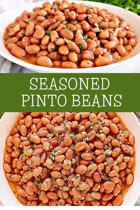 Seasoned Pinto Beans ~ Transform canned pinto beans into a delicious side dish with a savory blend of herbs and spices. via @thiswifecooks Beans As A Side Dish, How To Season Beans, Pintos In Crockpot, Beans Crockpot Recipes, Taco Beans Recipe, Pinto Beans Crockpot, Seasoned Beans, Bean Seasoning, Pinto Bean Recipe