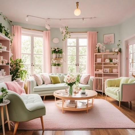 Pastel Home Office Ideas, Pastel Home Aesthetic, Pastel Color Interior Design, Pastel Living Room, Cozy Ideas, Pastel Interior, Pastel Home Decor, Pink Living Room, Pastel House