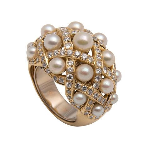 Pearl, Diamond and 18 Karat Gold Bombé Cocktail Ring Cluster Ring Set, Diamond Signet Ring, Tahitian Black Pearls, Gold Cocktail Ring, Gold Cocktail, Diamond Cocktail Rings, Yellow Gold Setting, Pearl Set, Diamond Bangle