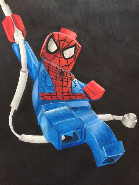 Lego Spiderman Tattoo, Lego Figure Drawing, Lego Spider Man Drawing, Lego Spiderman Drawing, Lego Painting Ideas, Lego Art Drawing, Lego Man Drawing, Drawing Ideas Colour Pencil, Lego Sketch