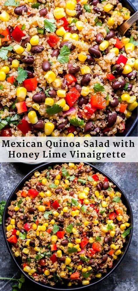 This healthy Mexican Quinoa Salad with Honey Lime Vinaigrette is hearty enough to serve as a vegetarian main dish salad or serve it as a side with your favorite protein. Works great for meal prep too! #quinoa #quinoasalad #mexicanfood #healthyrecipes #salad #glutenfree #vegetarian #sidedish #vinaigrette #easyrecipes Mexican Couscous Salad, Cold Quinoa Salad Recipes, Quinoa Cilantro Salad, Mexican Veggie Salad, Quinoa Power Bowl Recipes, Bland Meals For Chemo Patients, Quinoa Taco Salad, Mexican Quinoa Salad Recipes, Quinoa Chickpea Salad Recipes