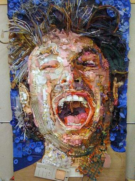 Rhode Island artist Tom Deininger creates large-scale collages from found objects scavenged from landfills, yard sales and donated by friends and acquaintances. Waste Art, Collage Portrait, Art Foundation, Trash Art, Upcycled Art, Found Object Art, 3d Studio, Found Art, Junk Art