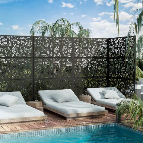 Free Standing Quadra Black Decorative Outdoor Privacy Screen, 47" L x 76" H - On Sale - Bed Bath & Beyond - 35925431 Fence Outdoor, Metal Privacy Screen, Outdoor Privacy Screen, Steel Screen, Outdoor Screens, Privacy Screen Outdoor, Outdoor Privacy, Metal Screen, Decorative Screens