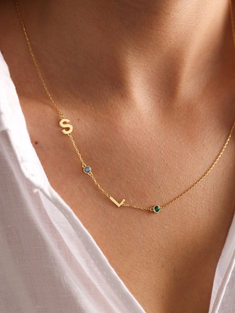 Initial Birthstone Necklace, Letter Necklace Initials, Family Birthstone Necklace, Birthstone Charm Necklace, Gold Initial Pendant, Topaz Birthstone, Initial Necklace Gold, Initial Jewelry, Girly Jewelry