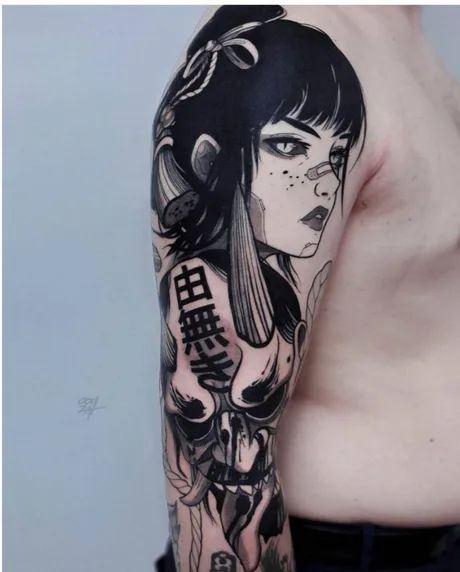 I want to get this tattoo but i cant figure out the meaning of the chinese writing. Any chinese fellas to translate the meaning ? - 9GAG Women's Shoulder Tattoo, Geisha Tattoos, Tattoos Masculinas, Ant Tattoo, Tato Dada, Berlin Tattoo, Hanya Tattoo, Cool Shoulder Tattoos, Cute Hand Tattoos