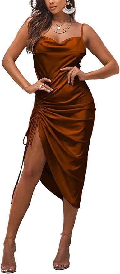 Super chic dress for cocktail hour/wedding guest or holiday parties, love this! #weddingguestdress #cocktaildress Satin Spaghetti Strap Dress, Evening Dinner, Dinner Night, Party Kleidung, Night Dress For Women, Midi Cocktail Dress, Going Out Dresses, Spaghetti Strap Dresses, Cami Dress