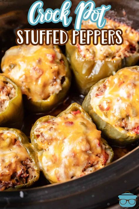 These Crock Pot Stuffed Peppers have a secret ingredient that take them over the top! Cooking them in the slow cooker makes it easy! Crock Pot Stuffed Peppers, Crockpot Stuffed Peppers, Slow Cooker Stuffed Peppers, Pot Recipes Easy, Weeknight Dinner Recipes Easy, Crockpot Recipes Beef, Crockpot Dishes, Crockpot Recipes Slow Cooker, Peppers Recipes