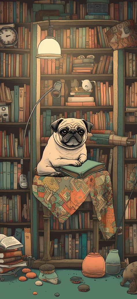 Intellectual pug surrounded by books in a cozy library, offering a literary and inviting phone wallpaper Cute Pugs Wallpapers, Bibliophile Aesthetic, Surrounded By Books, Pug Wallpaper, Cozy Library, Simple Iphone Wallpaper, A Pug, Cute Emoji Wallpaper, Dog Wallpaper