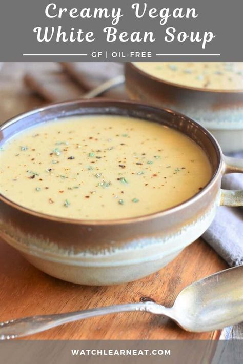 This warm and comforting Creamy Vegan White Bean Soup combines cannellini beans and fresh herbs to create an earthy flavor. This rustic white bean soup is rich and creamy without any of the dairy, gluten or oil! #vegan #veganrecipes #soup #glutenfree #glutenfreerecipes #dairyfree #vegetarian #oilfree Vegetarian Chowder, Vegan White Bean Soup, Plant Based Soups, Bean Soup Recipes, Vegan Soup Recipes, Vegetable Broth, White Bean Soup, Vegan Soups, Cannellini Beans