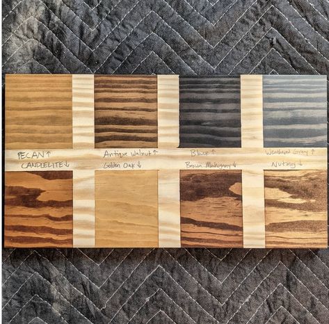 "I made this stain sample board. It has 8 different options for a client, and it's designed to give them a good idea of how the stain will look on their project. This piece of wood is cut from the same board that went towards the drawer fronts, so it should be a good representation of how the stain will take when applied to the final piece." General Finishes Gel Stain On Oak, Gel Wood Stain Colors, Gel Stains For Wood, Gel Stain Colors On Oak, Varathane Gel Stain Colors, Gel Stain On Pine, Gel Stain Over Honey Oak, Grey Gel Stain Over Oak Cabinets, Gel Stain Over Honey Oak Cabinets