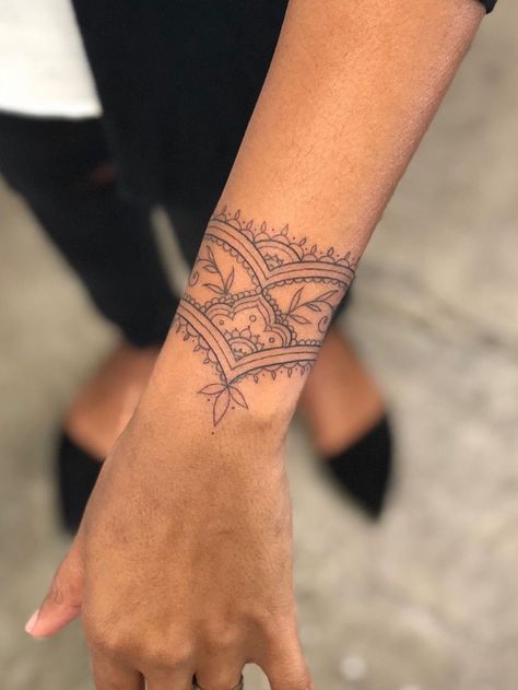 Hand Bracelet Tattoos For Women, Arm Cuff Tattoo, Mandala Arm, Mandala Arm Tattoos, Manifest 2024, Mandala Wrist Tattoo, Mandela Tattoo, Wrist Band Tattoo, Wrist Bracelet Tattoo