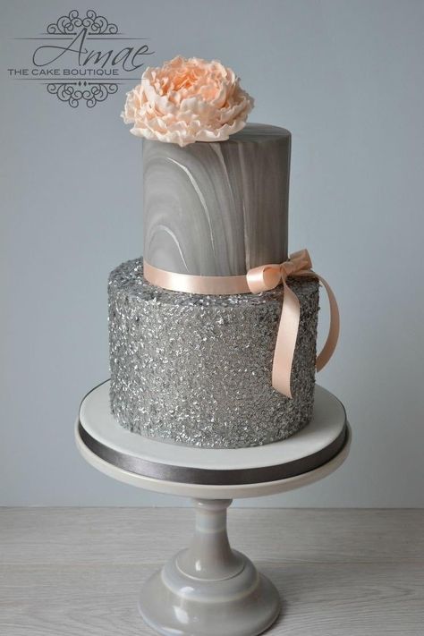 Custom Jewelry Ideas, Silver Wedding Cake, Fondant Cake Designs, Wedding Anniversary Cakes, Two Tier Cake, Wedding Cake Roses, Creative Cake Decorating, Birthday Cakes For Women, Tiered Cake