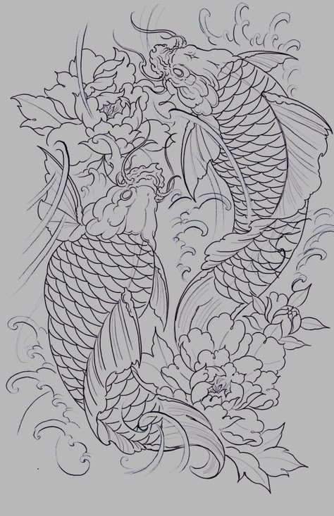 Koi Fish Dragon Tattoo, Two Koi Fish Tattoo Design, Koi Fish And Dragon Tattoo, Koi And Dragon Tattoo, Koi Fish With Flowers Tattoo, Koi Fish Pond Tattoo, Koi Fish Sleeve Tattoo, Drawing Koi Fish, Koi Fish Drawing Tattoo