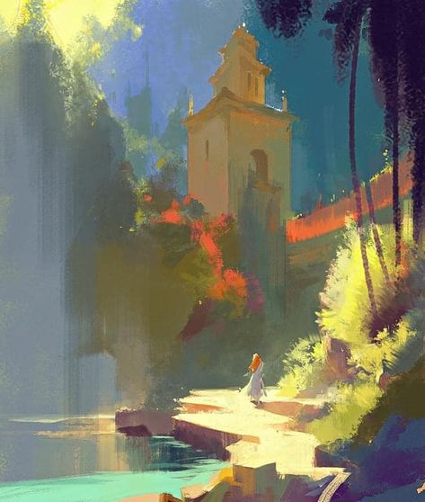 Nathan Fowkes, Environment Painting, Landscape Concept, Seni Cat Air, Digital Painting Tutorials, Traditional Paintings, Colorful Landscape, Environment Concept Art, The Tower