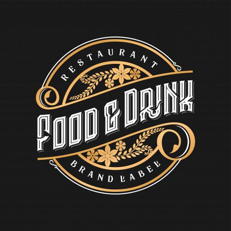 Vintage logo for restaurant food and drink Premium Vector | Premium Vector #Freepik #vector #logo #food #vintage #gold Foodtruck Logo Design Ideas, Vintage Restaurant Logo, Tavern Logo, Breakfast Logo, Logo For Restaurant, Pub Logo, Drink Logo, Logo Design Inspiration Vintage, Food Vintage