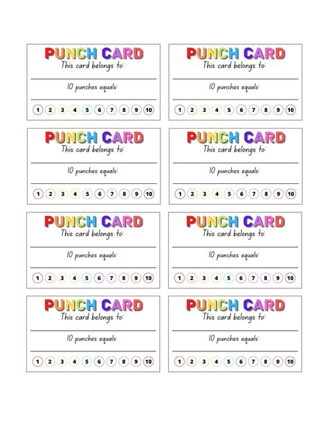 Homework Punch Card, Good Behavior Punch Card Free, Hole Punch Reward Cards, Good Behavior Punch Card, Bathroom Reward Chart, Strike 3 Behavior Chart, Punch Card Reward System Free Printable, Punch Cards Printable Free, Token Chart Reward System